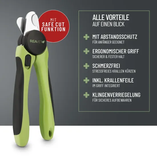 Preview: REAVET Krallenschere für Hunde & Katzen (Gr. S-XL) mit Abstandsschutz & integrierter Krallenfeile im Griff – Safe Cut Krallenknipser