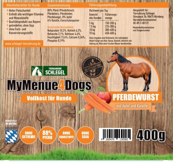 MyMenue4Dogs Hundefutter Pferdewurst 400 g