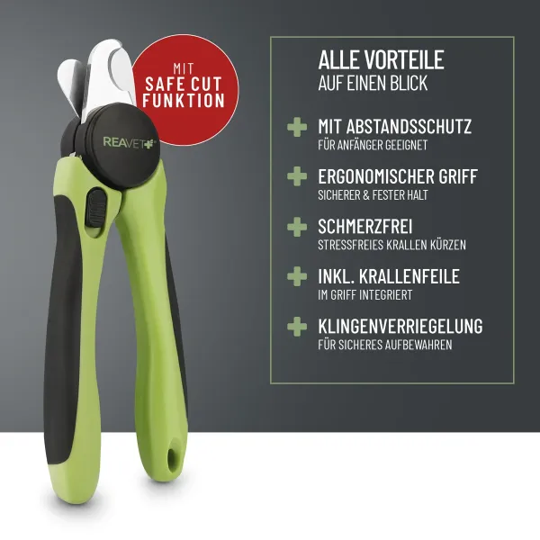 REAVET Krallenschere für Hunde & Katzen (Gr. S-XL) mit Abstandsschutz & integrierter Krallenfeile im Griff – Safe Cut Krallenknipser