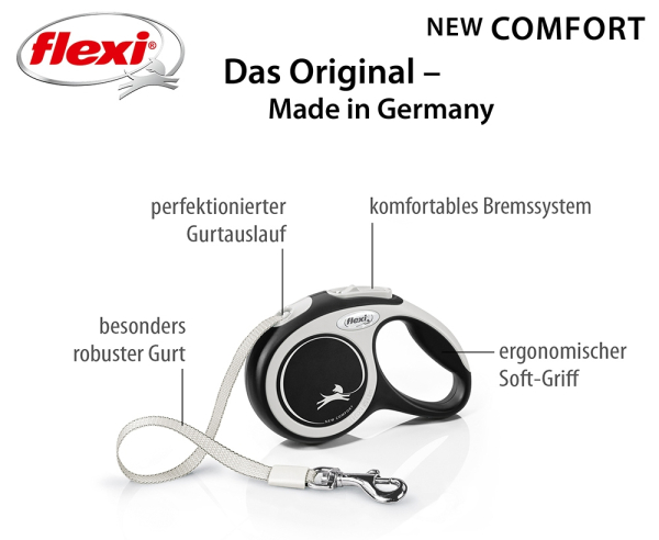 flexi Leine New Comfort schwarz – Gurtleine (5m / 8m)